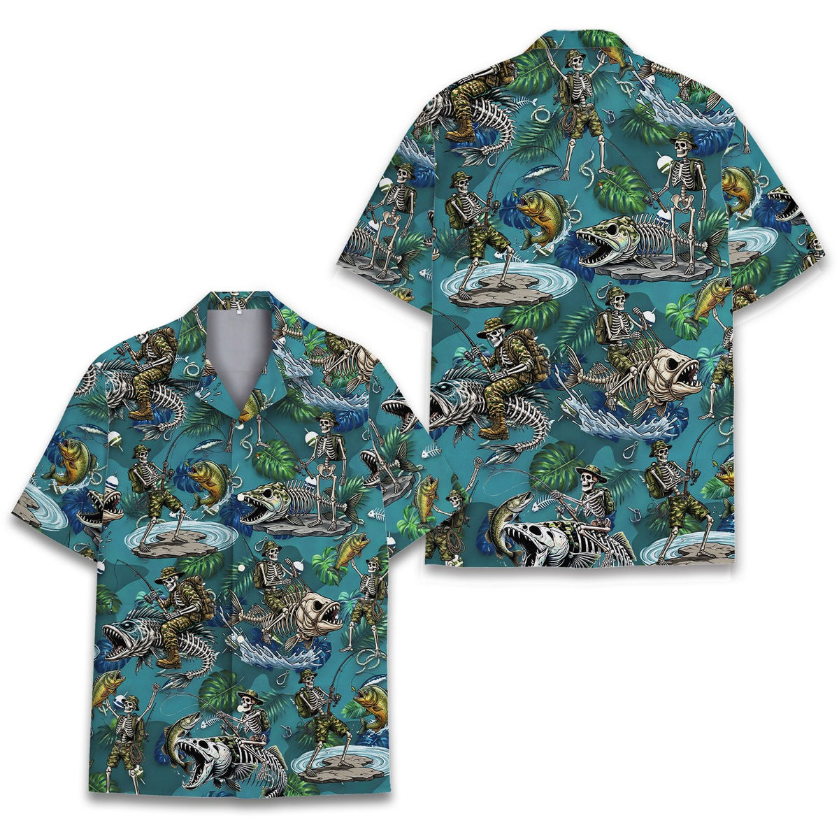 Alternative front view of the fishing skeletons hawaiian shirt