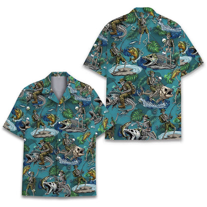 Alternative front view of the fishing skeletons hawaiian shirt