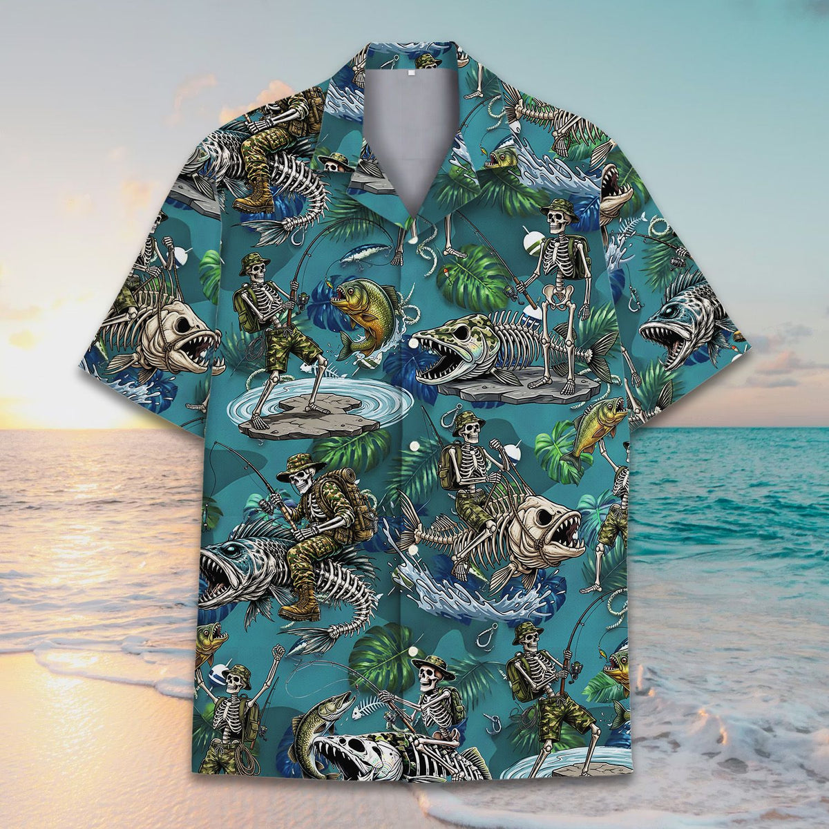 Additional front view of the teal fishing hawaiian shirt