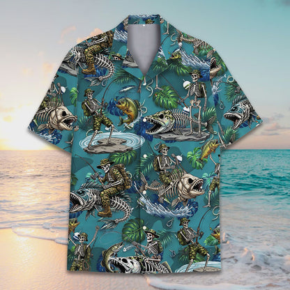 Additional front view of the teal fishing hawaiian shirt