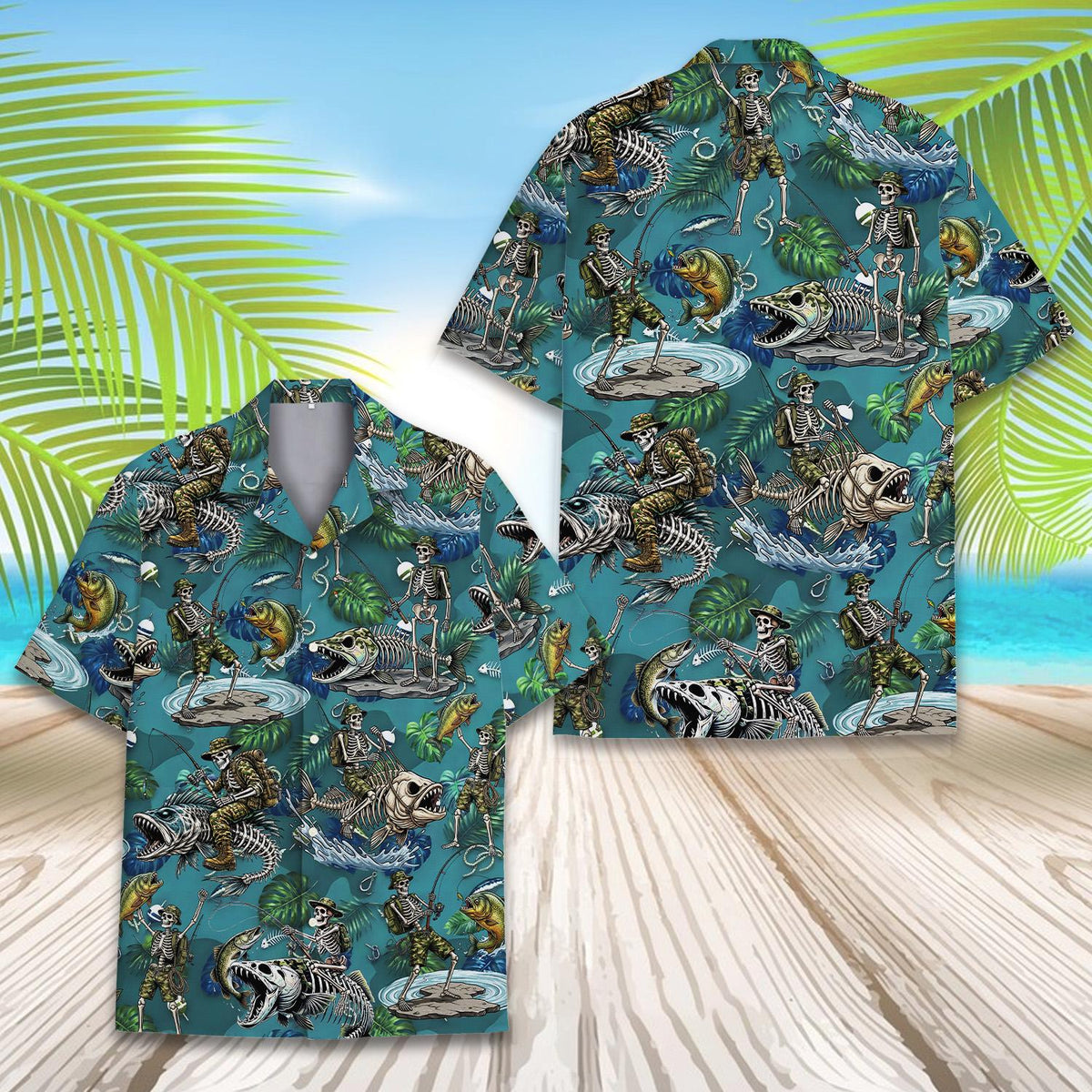 Front view of the teal fishing hawaiian shirt with skeleton graphics