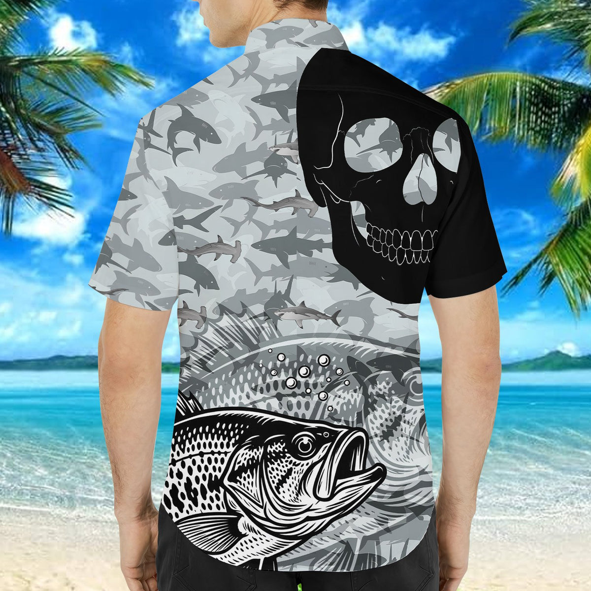 Alternate back view of the fishing skull hawaiian shirt