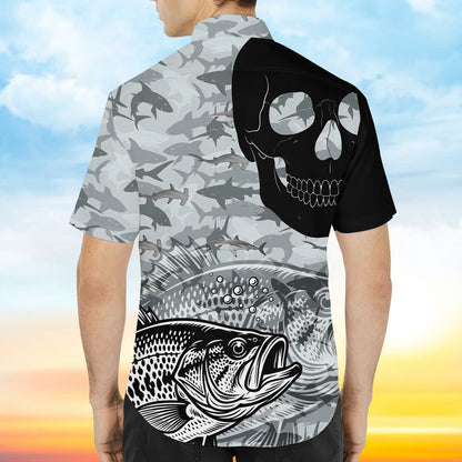 Close up back view of the fishing skull hawaiian shirt