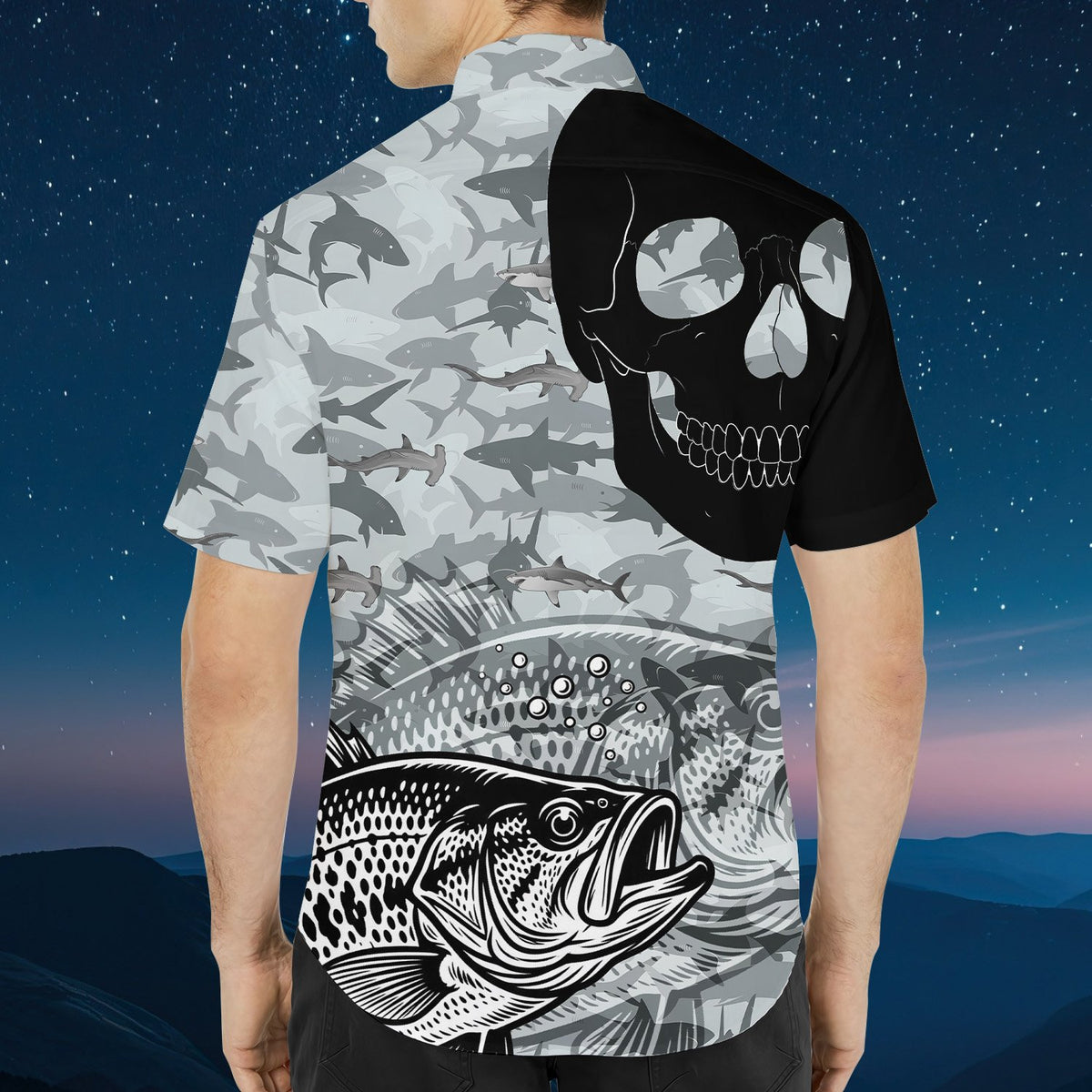 Detail back view of the fishing skull hawaiian shirt camo pattern