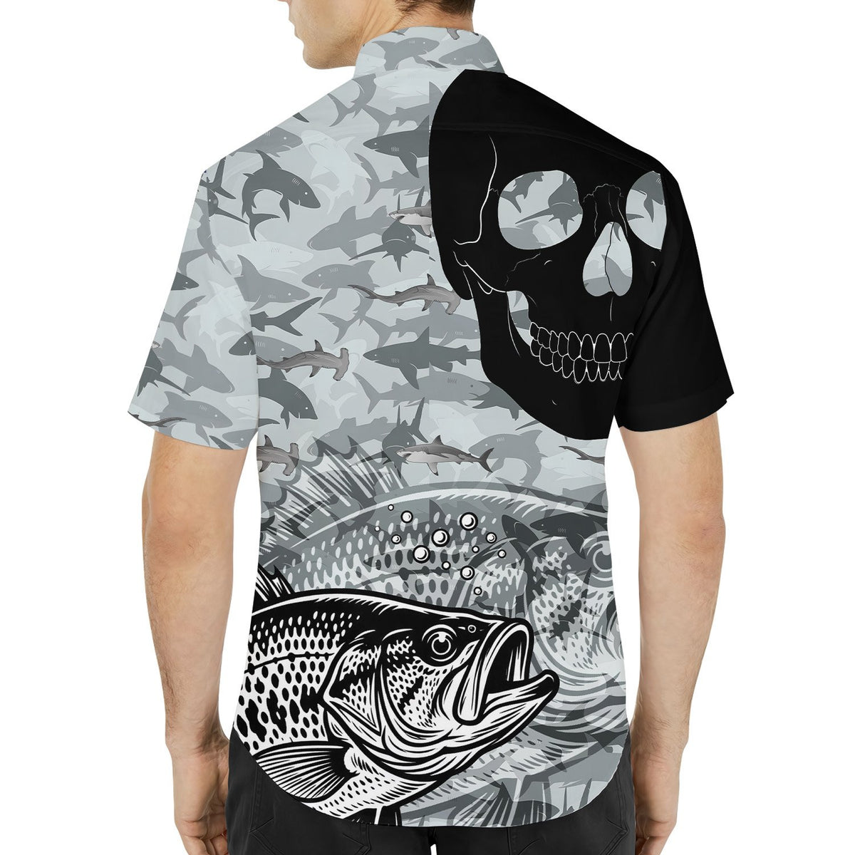 Back view of the fishing skull hawaiian shirt with gray shark camo