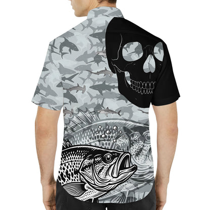 Back view of the fishing skull hawaiian shirt with gray shark camo