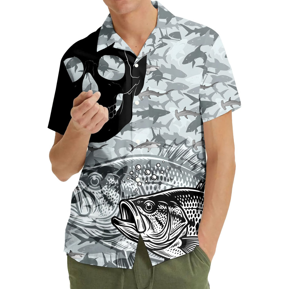 Alternate front view of the gray camo fishing skull hawaiian shirt