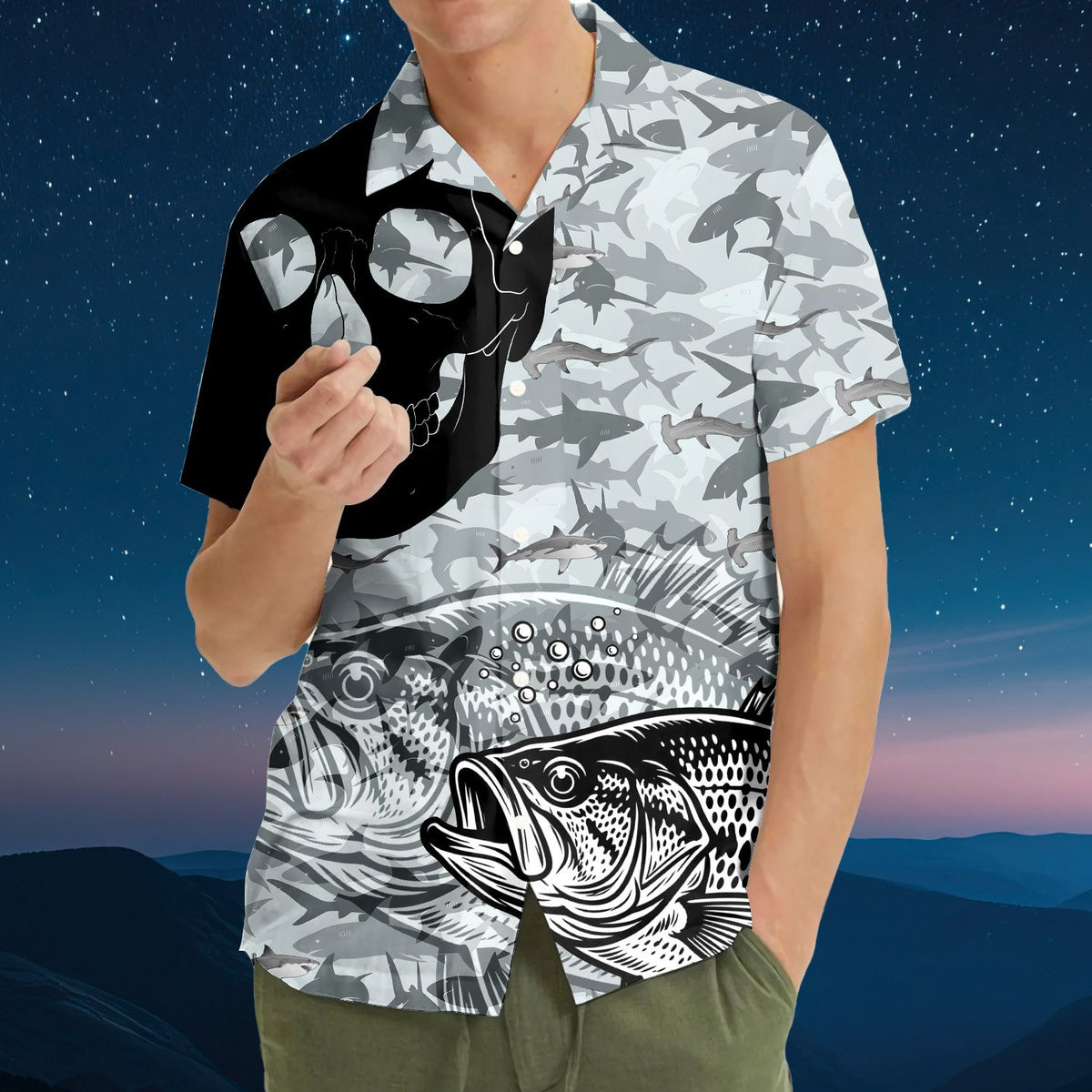 Close up front view of the fishing skull hawaiian shirt details