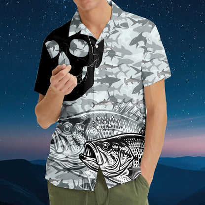 Close up front view of the fishing skull hawaiian shirt details