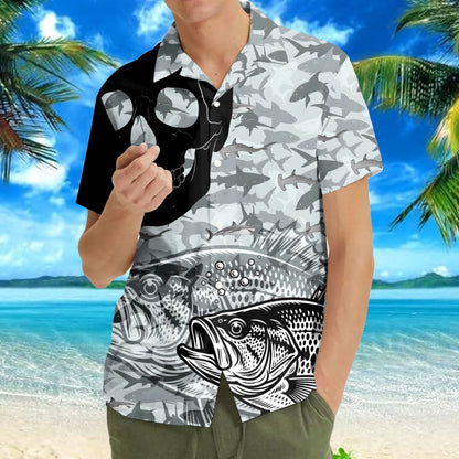 Fishing skull hawaiian shirt with gray shark camo and fish illustrations, alternate main view