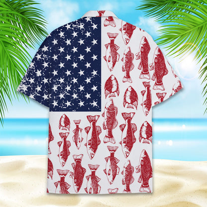 Back flat lay view of the matching family Hawaiian shirt showcasing the star and fish pattern.