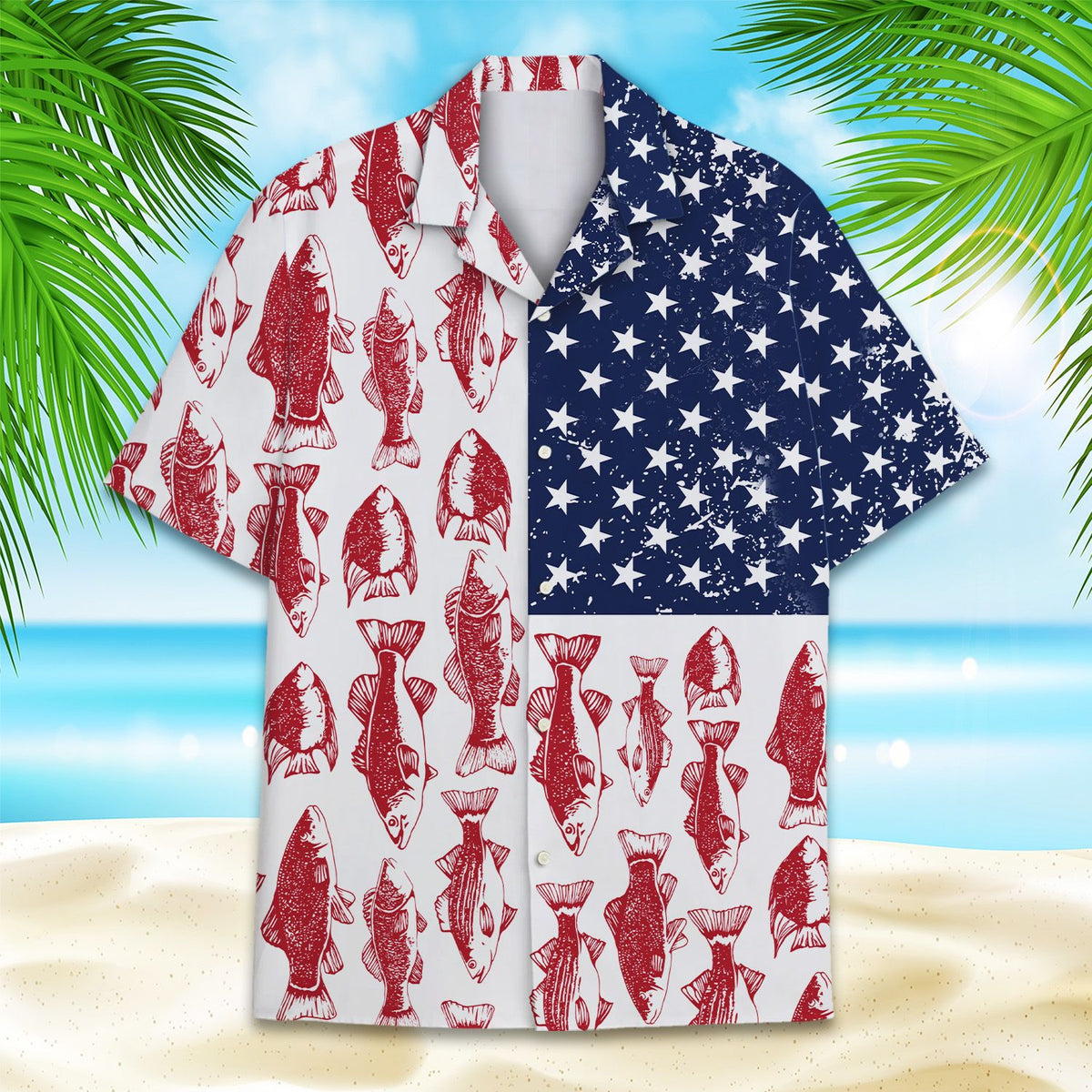 Alternate front view of the matching family Hawaiian shirt with fishing USA flag design.