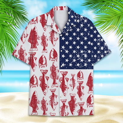 Alternate front view of the matching family Hawaiian shirt with fishing USA flag design.