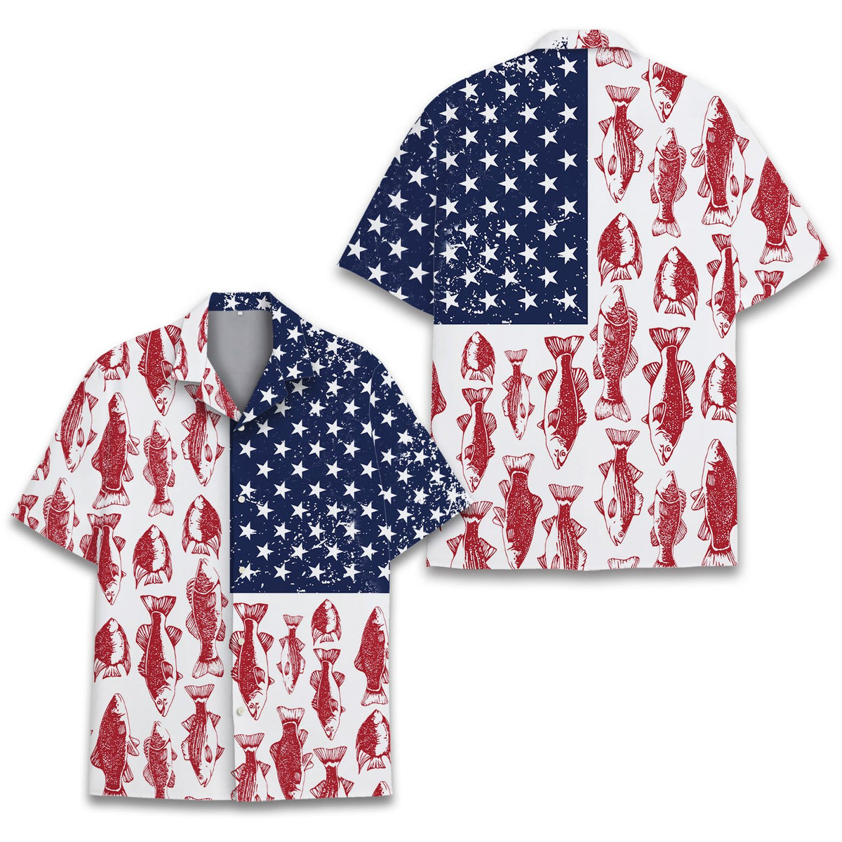 Front flat lay of the matching family Hawaiian shirt featuring red fish and white stars.