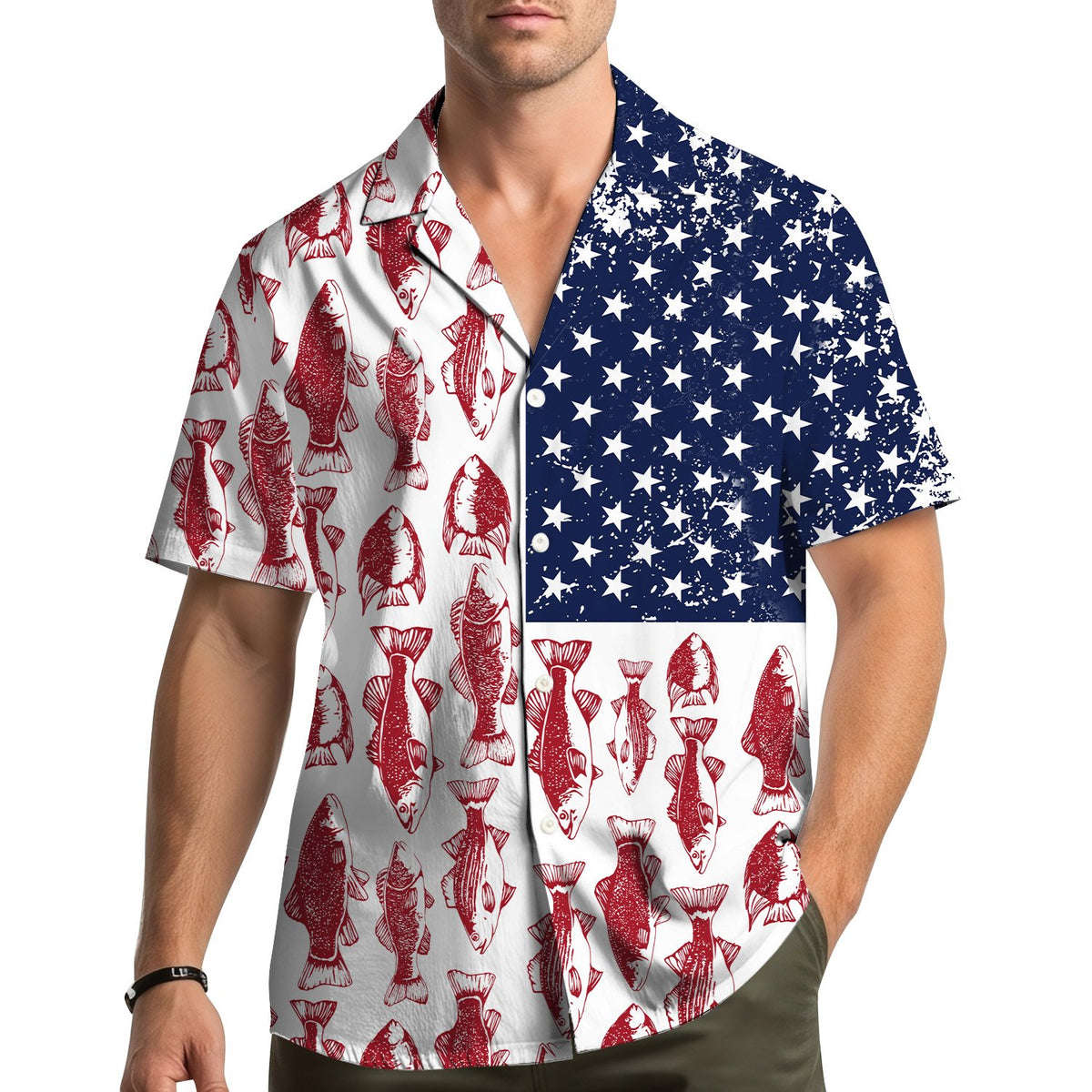 Lifestyle image showing a family wearing the matching fishing USA flag Hawaiian shirts.