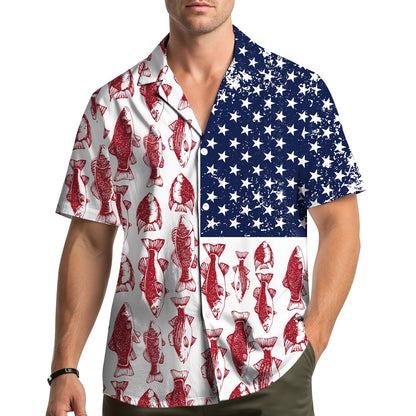 Lifestyle image showing a family wearing the matching fishing USA flag Hawaiian shirts.