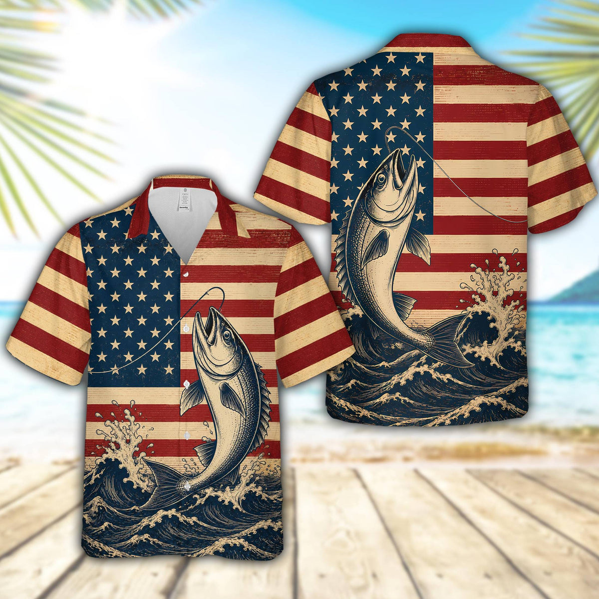 Vintage fishing / usa hawaiian shirt featuring an American flag and jumping fish design, main view