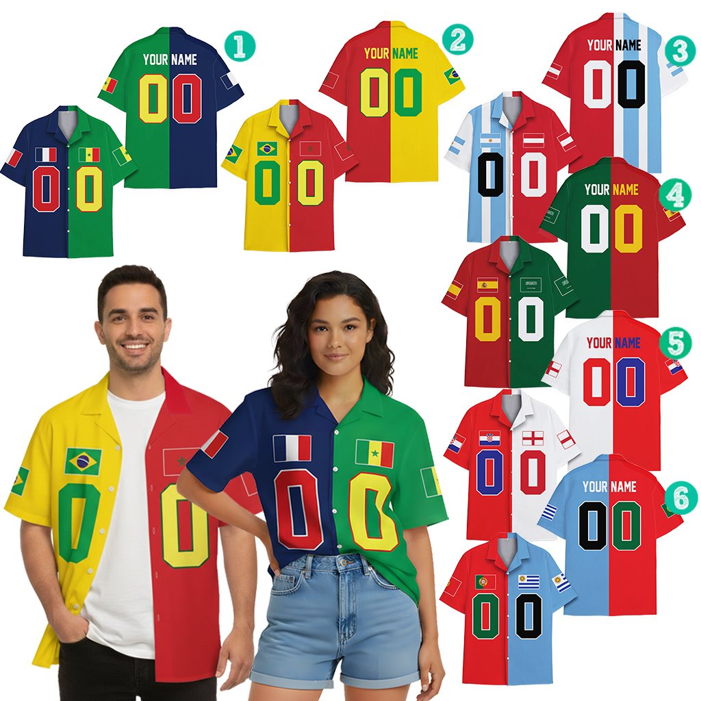 Lifestyle view of people wearing matching family Hawaiian shirts with half-and-half flags design