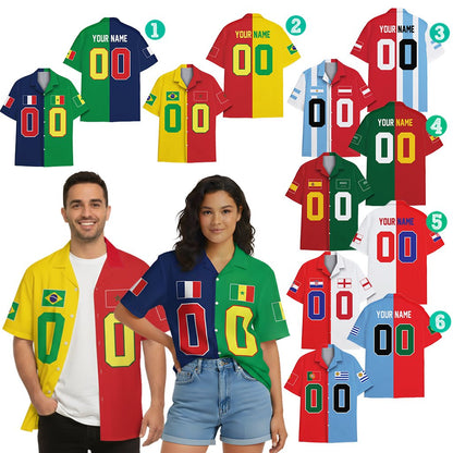 Lifestyle view of people wearing matching family Hawaiian shirts with half-and-half flags design