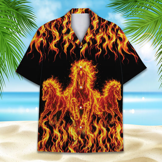 Flame and horse hawaiian shirt with bright orange fire against a black background, main view