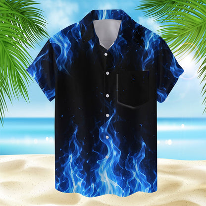 Close up view of the blue flame matching family hawaiian shirt