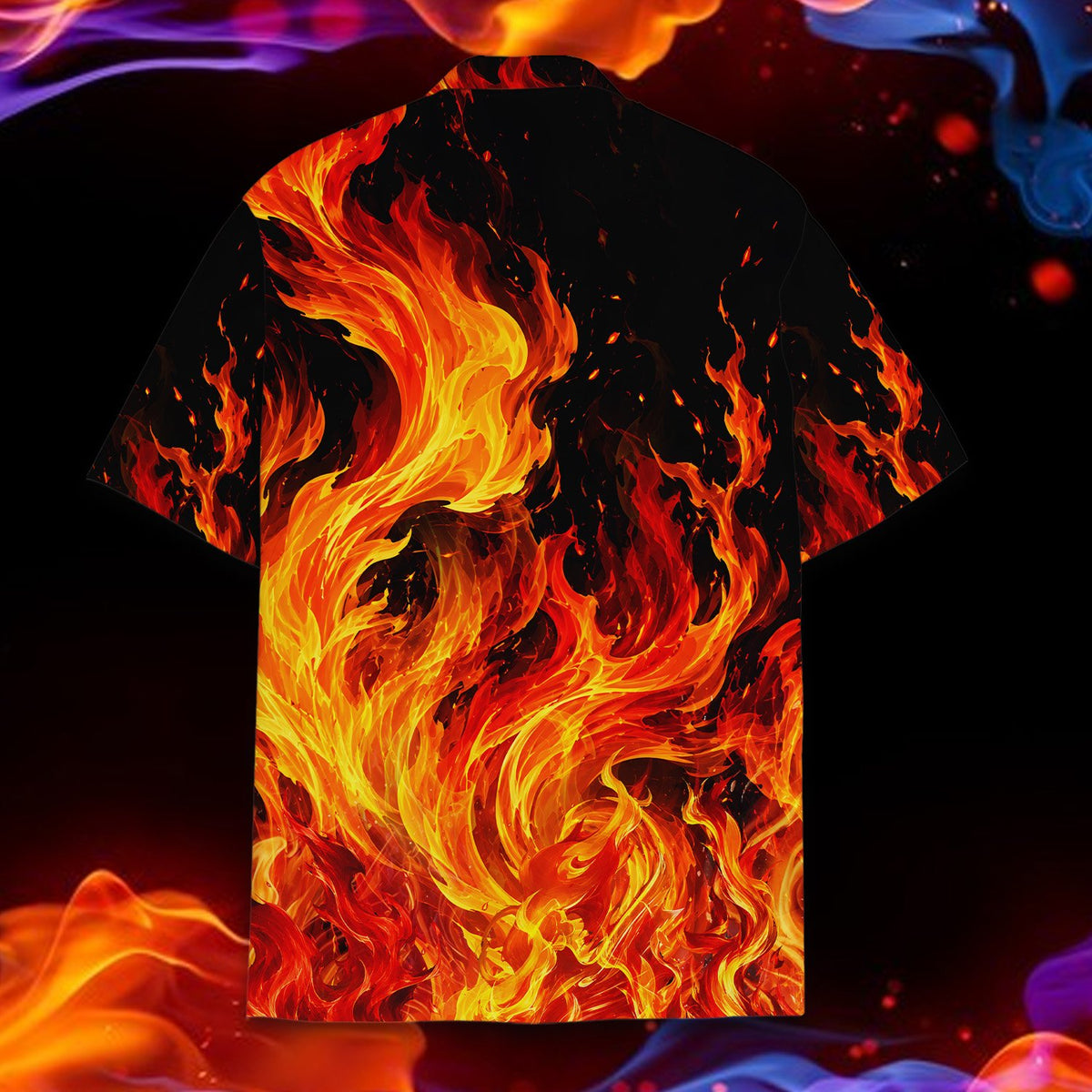 Detailed back view showing the vibrant yellow, orange, and red flames on black background