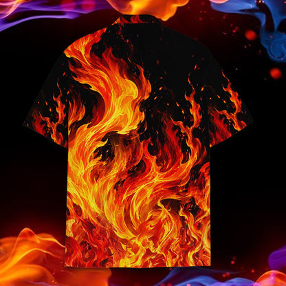 Detailed back view showing the vibrant yellow, orange, and red flames on black background