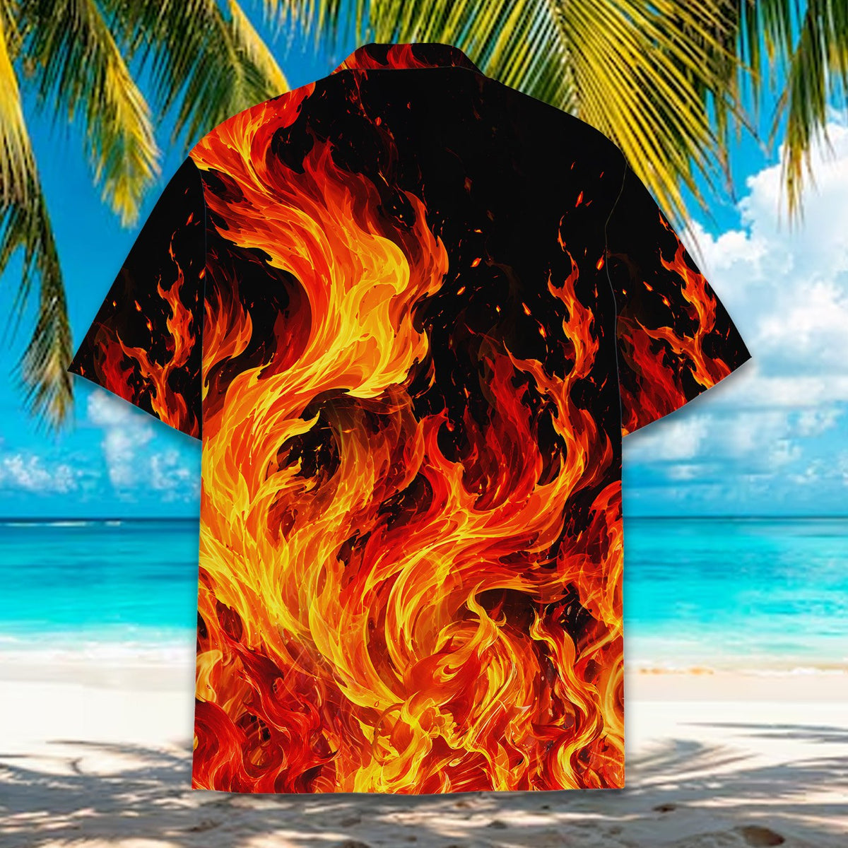 Back view of the black flame hawaiian shirt displaying the continuous fire pattern