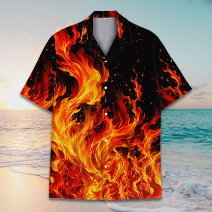 Detailed front view of the realistic roaring flames design on the hawaiian shirt