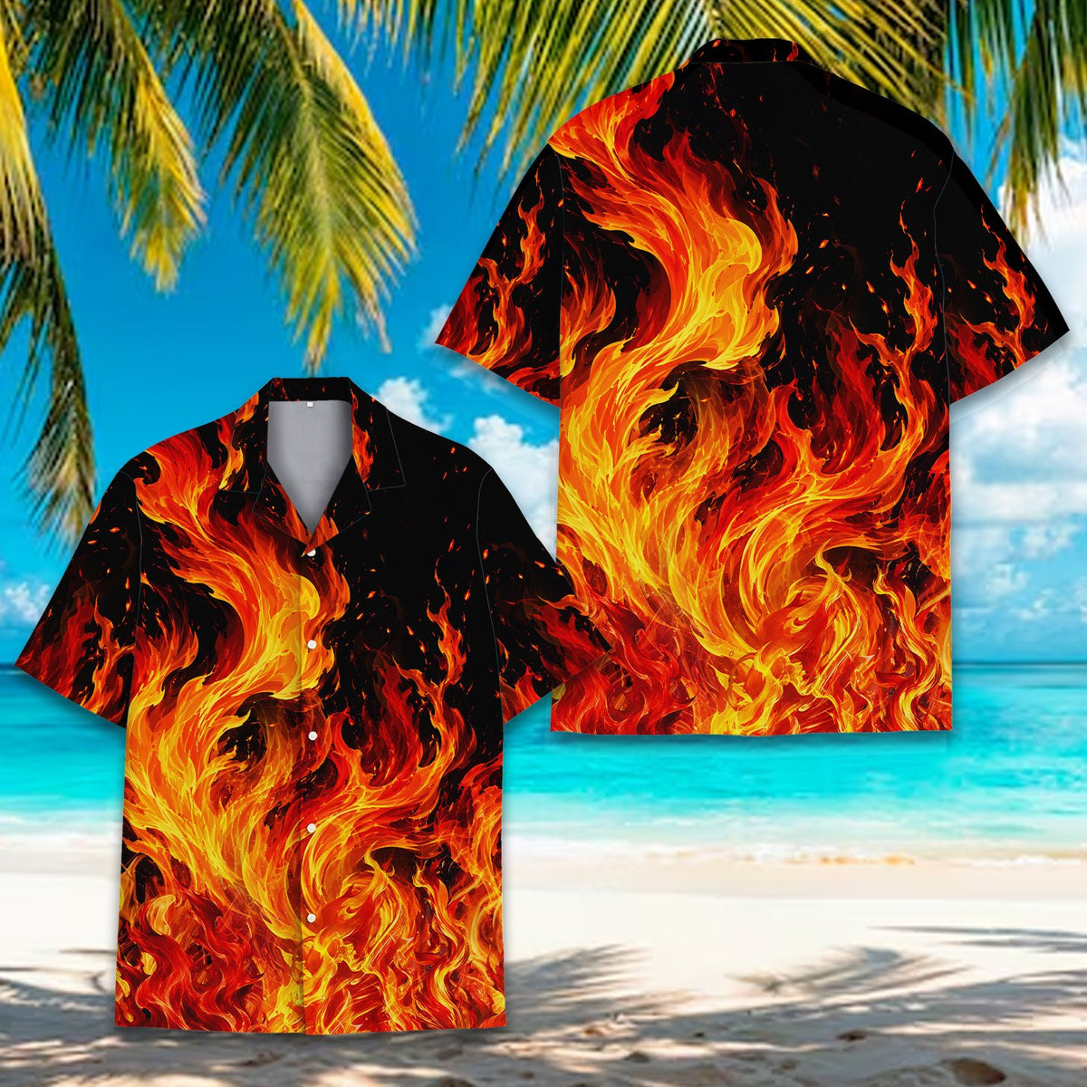 Another front view of the abstract hawaiian shirt showing the intense fire pattern