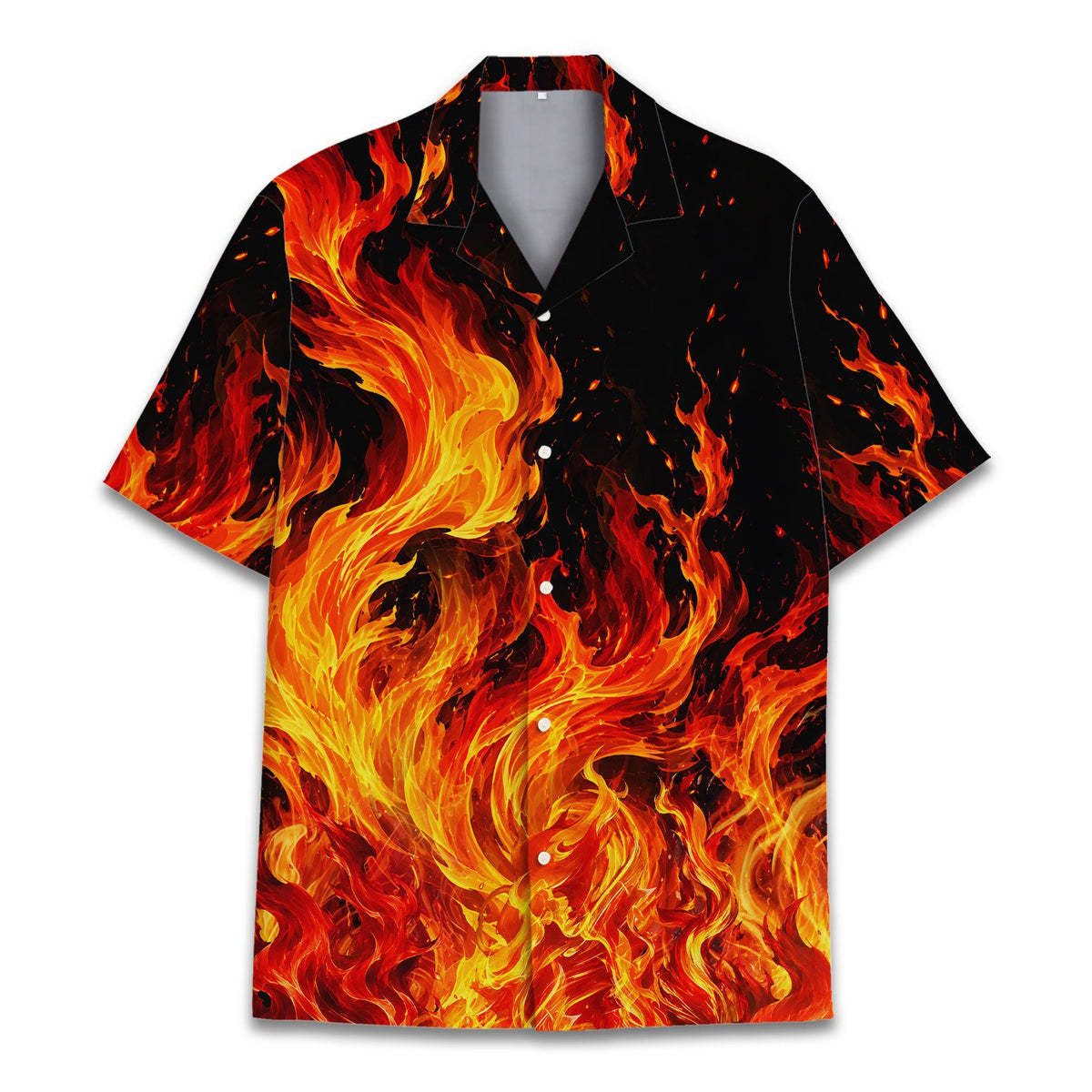 Close-up front view of the black flame hawaiian shirt collar and buttons