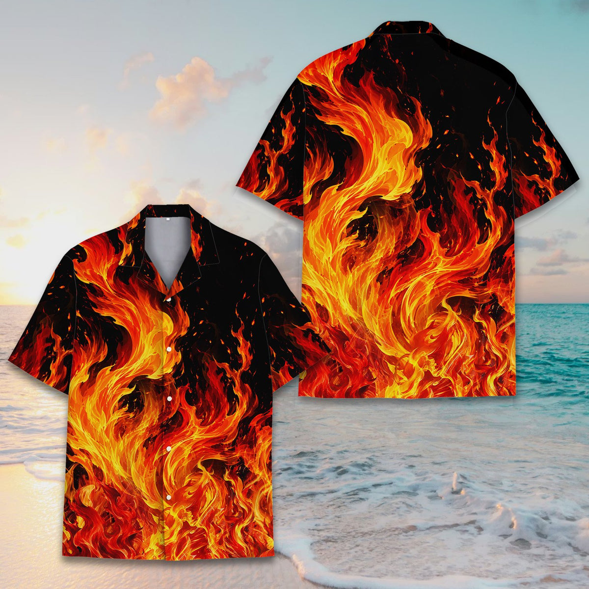 Front view of the black flame hawaiian shirt on a white background