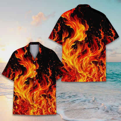 Main view of the black flame hawaiian shirt featuring vibrant orange and red fire pattern