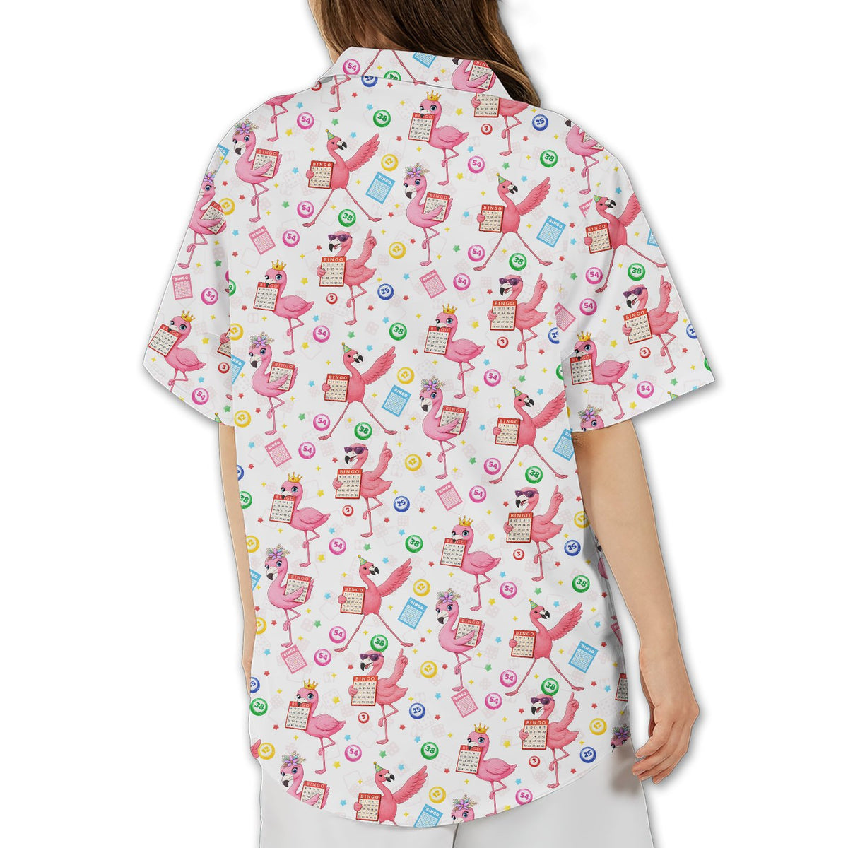 Back view of the flamingo bingo hawaiian shirt