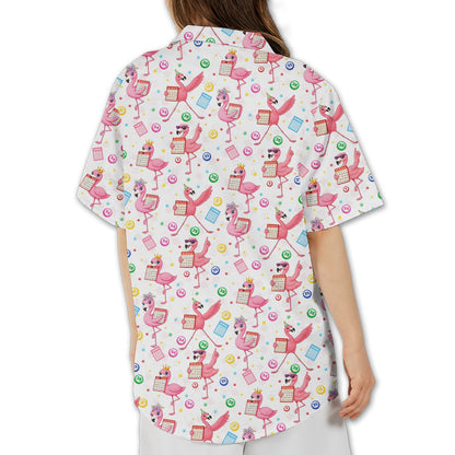 Back view of the flamingo bingo hawaiian shirt