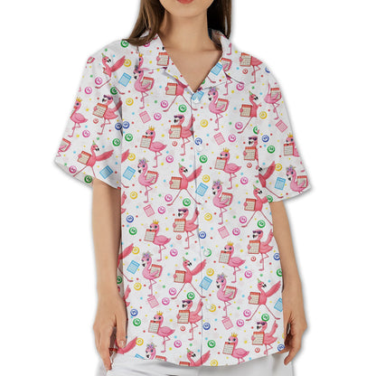 Front view of the white flamingo bingo hawaiian shirt with pink flamingo and bingo card print