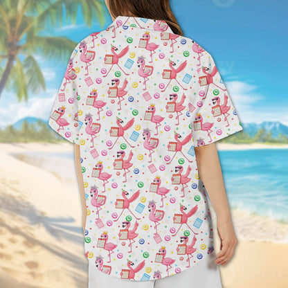 Lifestyle view of a person wearing the white flamingo hawaiian shirt