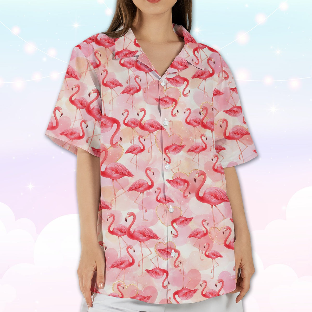 Front detail of pink flamingo hawaiian shirt