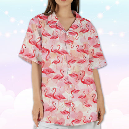 Front detail of pink flamingo hawaiian shirt