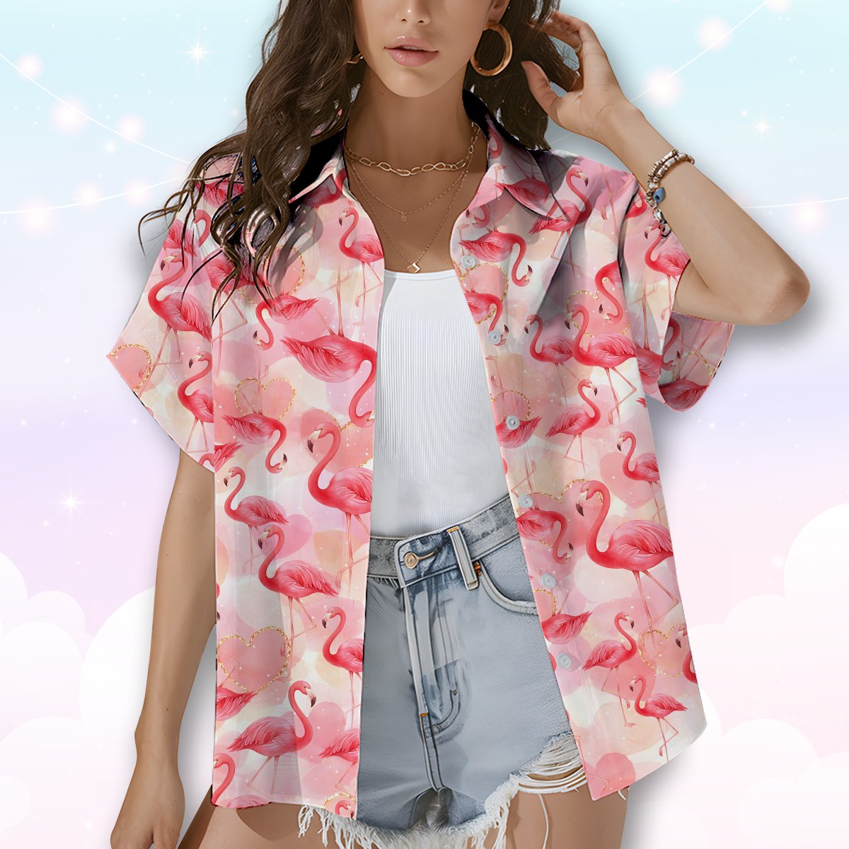 Second lifestyle view of family wearing matching flamingo hawaiian shirts