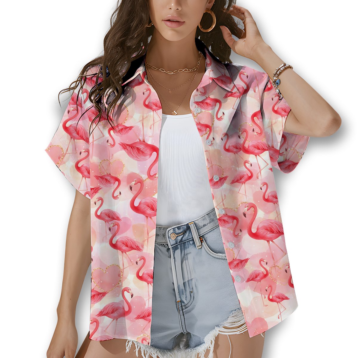 Lifestyle view of matching family hawaiian shirts with flamingo design