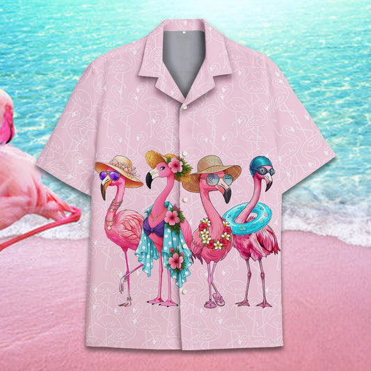 Pink flamingo hawaiian shirt with line art design, front view