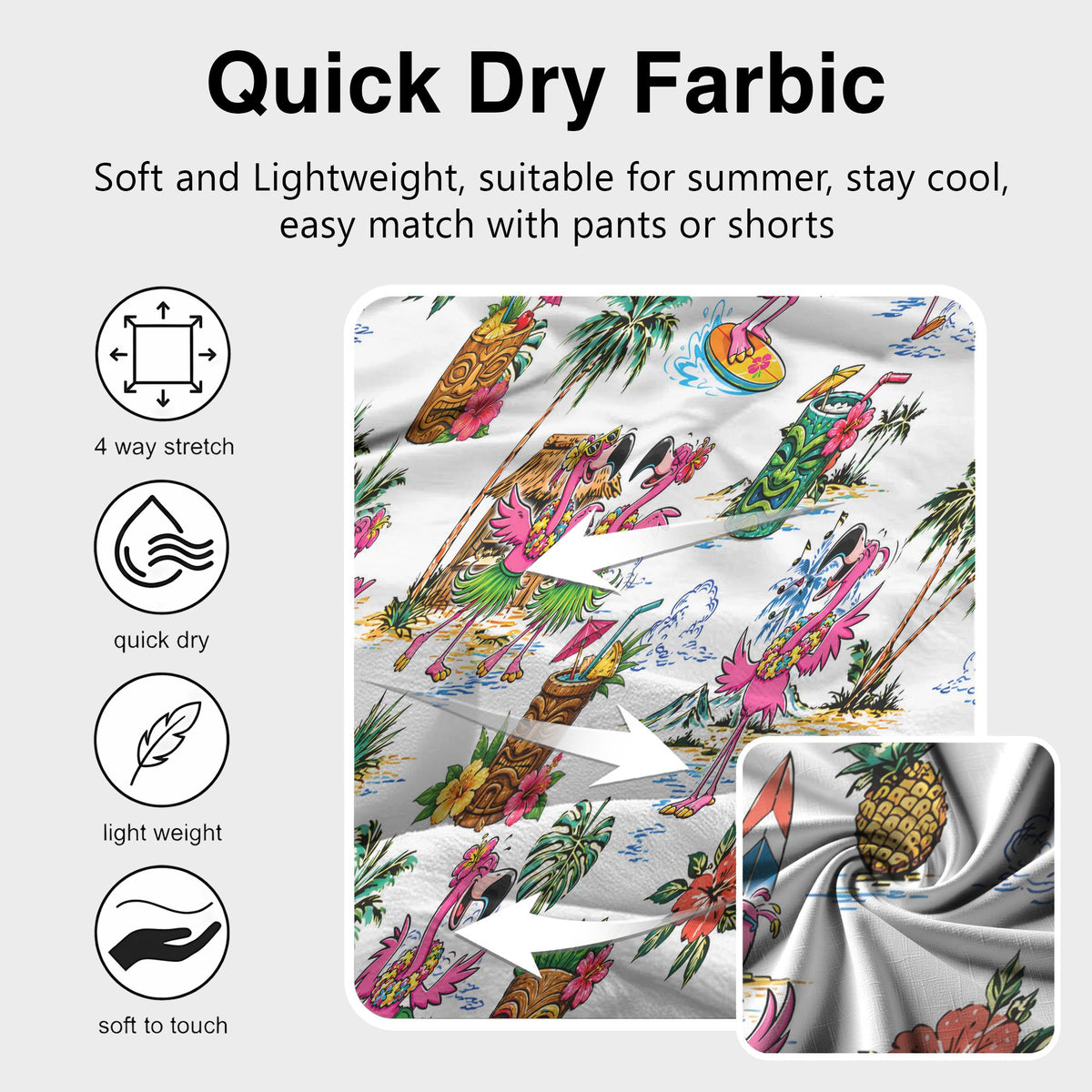 Fabric texture and print detail on hawaiian shirt