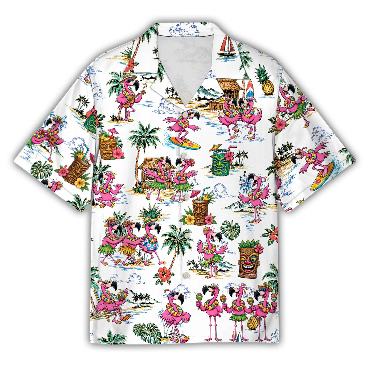 Mens pink flamingo hawaiian shirt front view