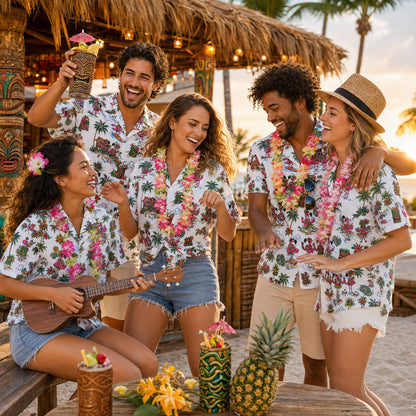 Lifestyle view of matching family hawaiian shirts