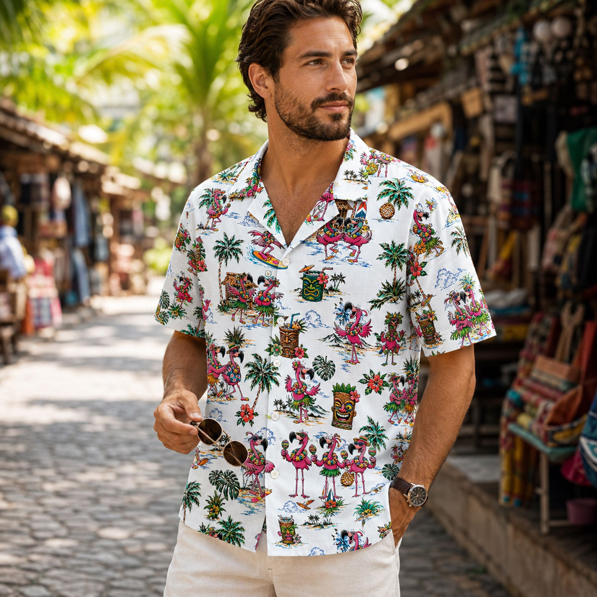 Person wearing white and pink flamingo tropical shirt outdoors