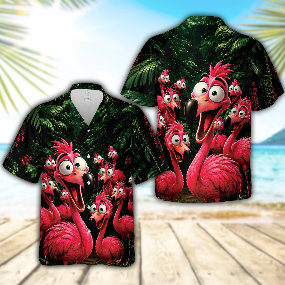 Main view of the hawaiian shirt with pink flamingos and dark green tropical jungle background