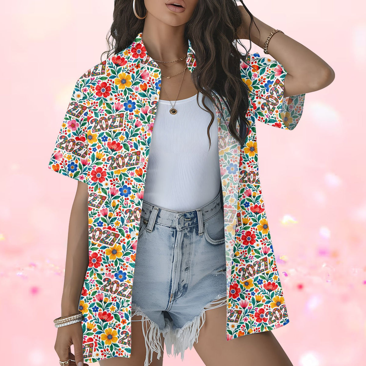 Second lifestyle image of the floral 2027 hawaiian shirt being worn