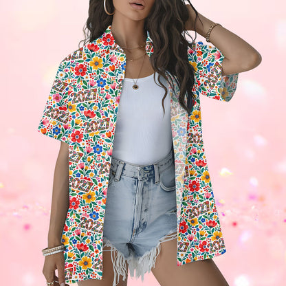 Second lifestyle image of the floral 2027 hawaiian shirt being worn