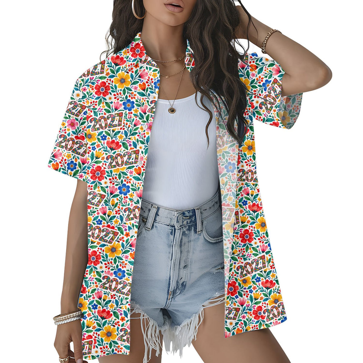 Third lifestyle image of the floral 2027 hawaiian shirt being worn